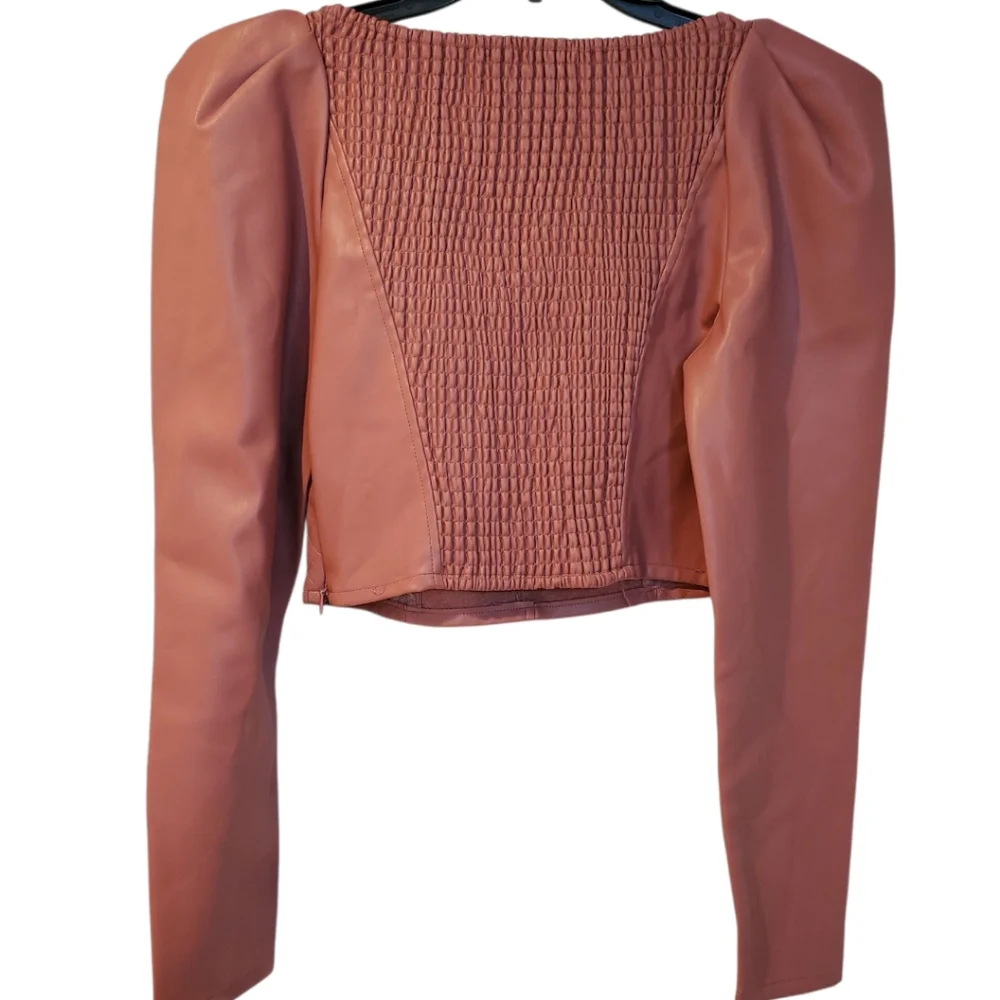 ZARA FAUX LEATHER CROP TOP PUFF SLEEVES Small Mauve NWT - Picture 2 of 12